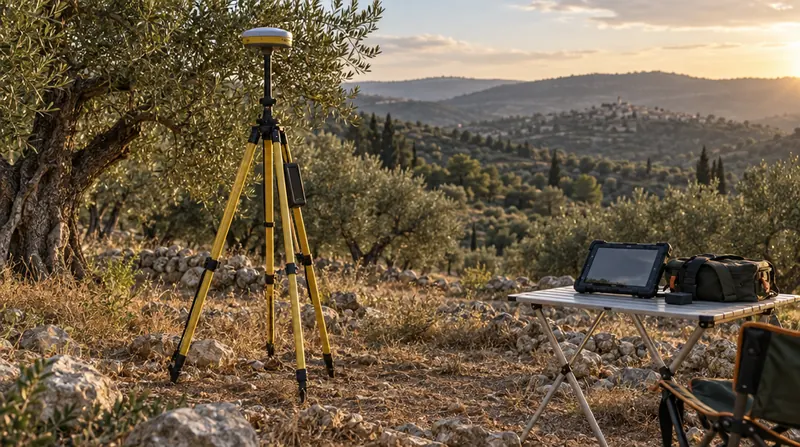 מקלט GNSS של מודד על חצובה צהובה בין עצי זית, עם טאבלט שטח על שולחן מתקפל וגבעות ברקע